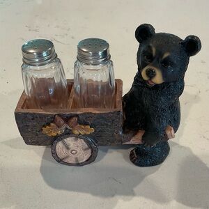 Whimsical Hardworking Black Bear Pushing Spice Cart holding Glass Salt & Pepper